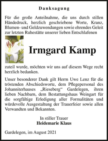 Traueranzeige von Irmgard Kamp  von Magdeburger Volksstimme