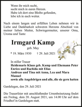 Traueranzeige von Irmgard Kamp (geb. May)  von Magdeburger Volksstimme