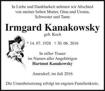 Traueranzeige von Irmgard Kanakowsky (geb. Koch)  von Magdeburger Volksstimme