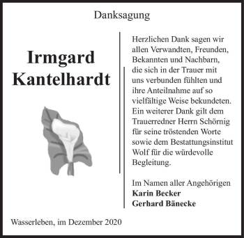 Traueranzeige von Irmgard Kantelhardt  von Magdeburger Volksstimme