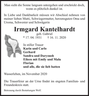 Traueranzeige von Irmgard Kantelhardt (geb. Gabriel)  von Magdeburger Volksstimme