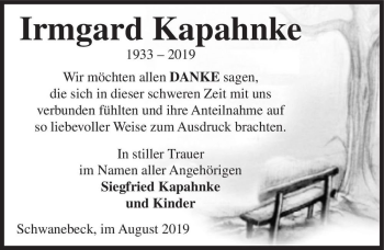 Traueranzeige von Irmgard Kapahnke  von Magdeburger Volksstimme