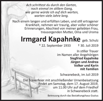 Traueranzeige von Irmgard Kapahnke (geb. Schulz)  von Magdeburger Volksstimme