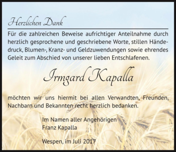 Traueranzeige von Irmgard Kapalla  von Magdeburger Volksstimme