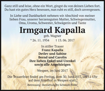 Traueranzeige von Irmgard Kapalla (geb. Wagner)  von Magdeburger Volksstimme