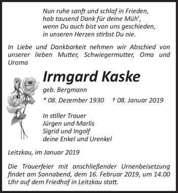 Traueranzeige von Irmgard Kaske (geb. Bergmann)  von Magdeburger Volksstimme