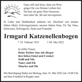 Traueranzeige von Irmgard Katzenellenbogen  von Magdeburger Volksstimme