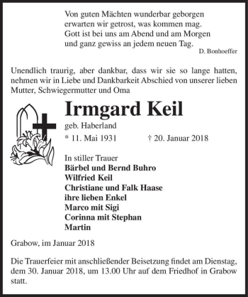 Traueranzeige von Irmgard Keil (geb. Haberland)  von Magdeburger Volksstimme