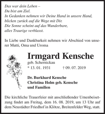 Traueranzeige von Irmgard Kensche (geb. Schernickau)  von Magdeburger Volksstimme