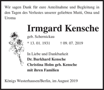 Traueranzeige von Irmgard Kensche (geb. Schernickau)  von Magdeburger Volksstimme