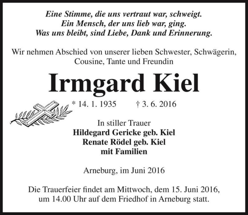  Traueranzeige für Irmgard Kiel  vom 08.06.2016 aus Magdeburger Volksstimme