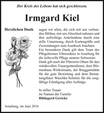 Traueranzeige von Irmgard Kiel  von Magdeburger Volksstimme