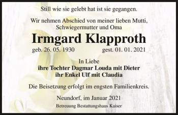 Traueranzeige von Irmgard Klapproth  von Magdeburger Volksstimme