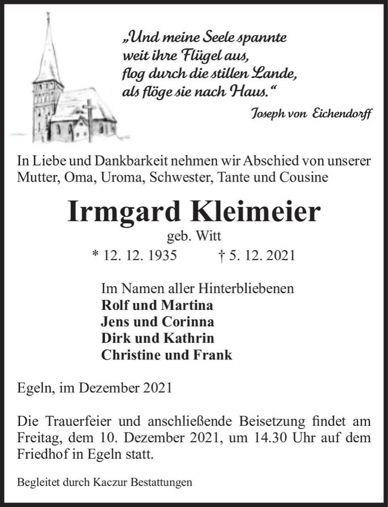  Traueranzeige für Irmgard Kleimeier (geb. Witt)  vom 08.12.2021 aus Magdeburger Volksstimme