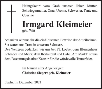 Traueranzeige von Irmgard Kleimeier (geb. Witt)  von Magdeburger Volksstimme