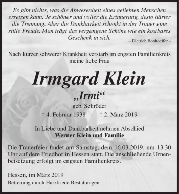 Traueranzeige von Irmgard Klein ,,Irmi