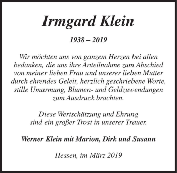 Traueranzeige von Irmgard Klein  von Magdeburger Volksstimme