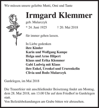Traueranzeige von Irmgard Klemmer (geb. Mularczyk)  von Magdeburger Volksstimme