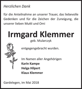 Traueranzeige von Irmgard Klemmer (geb. Mularczyk)  von Magdeburger Volksstimme