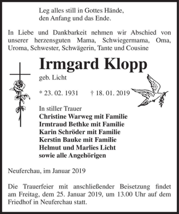 Traueranzeige von Irmgard Klopp (geb. Licht)  von Magdeburger Volksstimme