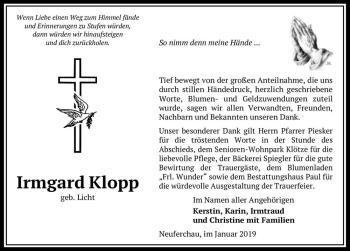 Traueranzeige von Irmgard Klopp (geb. Licht)  von Magdeburger Volksstimme