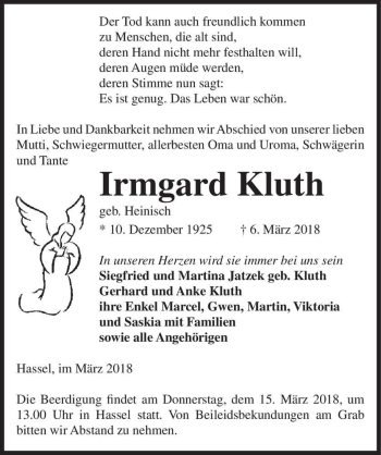 Traueranzeige von Irmgard Kluth (geb. Heinisch)  von Magdeburger Volksstimme