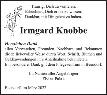 Traueranzeige von Irmgard Knobbe  von Magdeburger Volksstimme