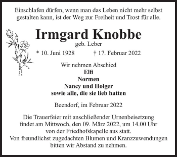 Traueranzeige von Irmgard Knobbe (geb. Leber)  von Magdeburger Volksstimme