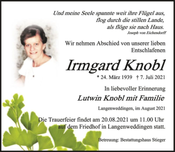 Traueranzeige von Irmgard Knobl  von Magdeburger Volksstimme