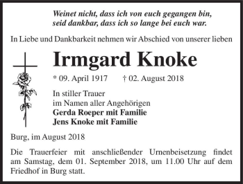 Traueranzeige von Irmgard Knoke  von Magdeburger Volksstimme