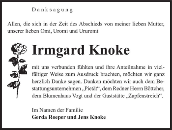Traueranzeige von Irmgard Knoke  von Magdeburger Volksstimme