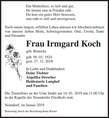 Traueranzeige von Irmgard Koch (geb. Bönecke)  von Magdeburger Volksstimme