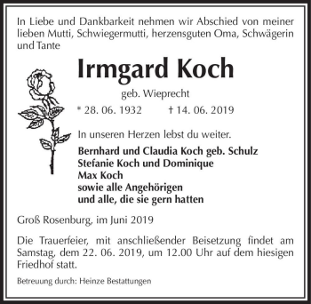 Traueranzeige von Irmgard Koch (geb. Wieprecht)  von Magdeburger Volksstimme