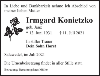 Traueranzeige von Irmgard Konietzko (geb. Janz)  von Magdeburger Volksstimme