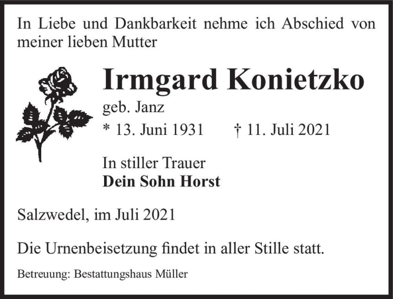  Traueranzeige für Irmgard Konietzko (geb. Janz)  vom 14.07.2021 aus Magdeburger Volksstimme