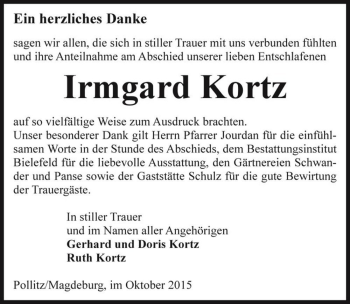 Traueranzeige von Irmgard Kortz  von Magdeburger Volksstimme
