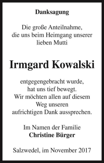 Traueranzeige von Irmgard Kowalski  von Magdeburger Volksstimme