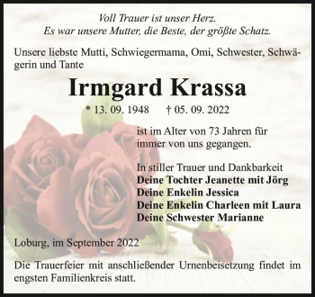 Traueranzeige von Irmgard Krassa  von Magdeburger Volksstimme