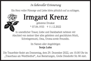 Traueranzeige von Irmgard Krenz (geb. Druskat)  von Magdeburger Volksstimme