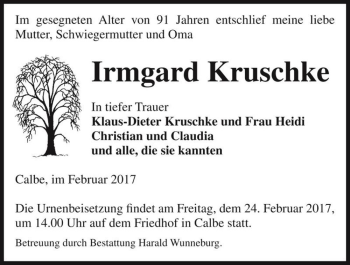 Traueranzeige von Irmgard Kruschke  von Magdeburger Volksstimme