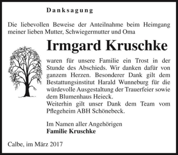 Traueranzeige von Irmgard Kruschke  von Magdeburger Volksstimme