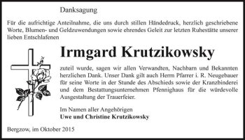Traueranzeige von Irmgard Krutzikowsky  von Magdeburger Volksstimme