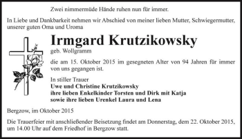 Traueranzeige von Irmgard Krutzikowsky (geb. Wollgramm)  von Magdeburger Volksstimme