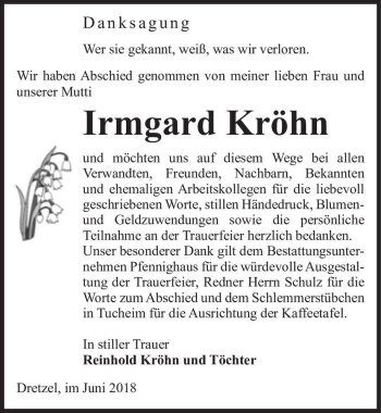 Traueranzeige von Irmgard Kröhn  von Magdeburger Volksstimme