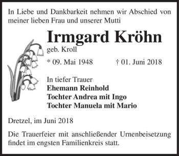 Traueranzeige von Irmgard Kröhn (geb. Kroll)  von Magdeburger Volksstimme