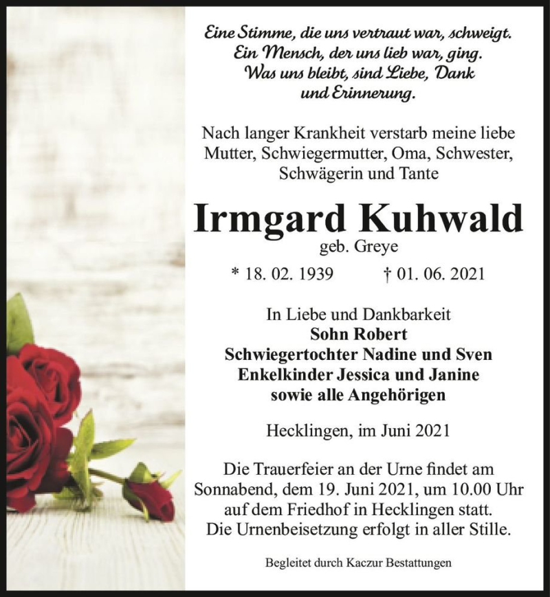  Traueranzeige für Irmgard Kuhwald (geb. Greye)  vom 05.06.2021 aus Magdeburger Volksstimme