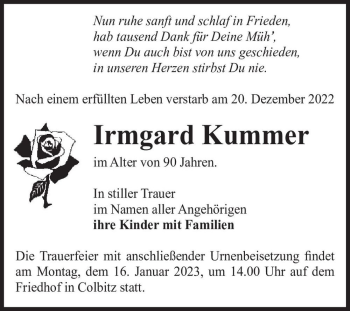 Traueranzeige von Irmgard Kummer  von Magdeburger Volksstimme
