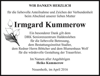 Traueranzeige von Irmgard Kummerow  von Magdeburger Volksstimme