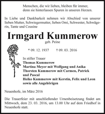 Traueranzeige von Irmgard Kummerow (geb. Peine)  von Magdeburger Volksstimme