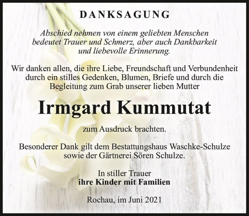  Traueranzeige für Irmgard Kummutat  vom 08.06.2021 aus Magdeburger Volksstimme